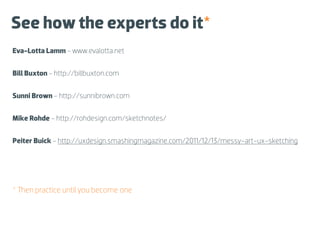 See how the experts do it*
Eva-Lotta Lamm - www.evalotta.net


Bill Buxton - http://billbuxton.com


Sunni Brown - http://sunnibrown.com


Mike Rohde - http://rohdesign.com/sketchnotes/


Peiter Buick - http://uxdesign.smashingmagazine.com/2011/12/13/messy-art-ux-sketching




*   en practice until you become one
 