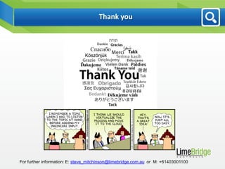 Thank you




For further information: E: steve_mitchinson@limebridge.com.au or M: +61403001100
 