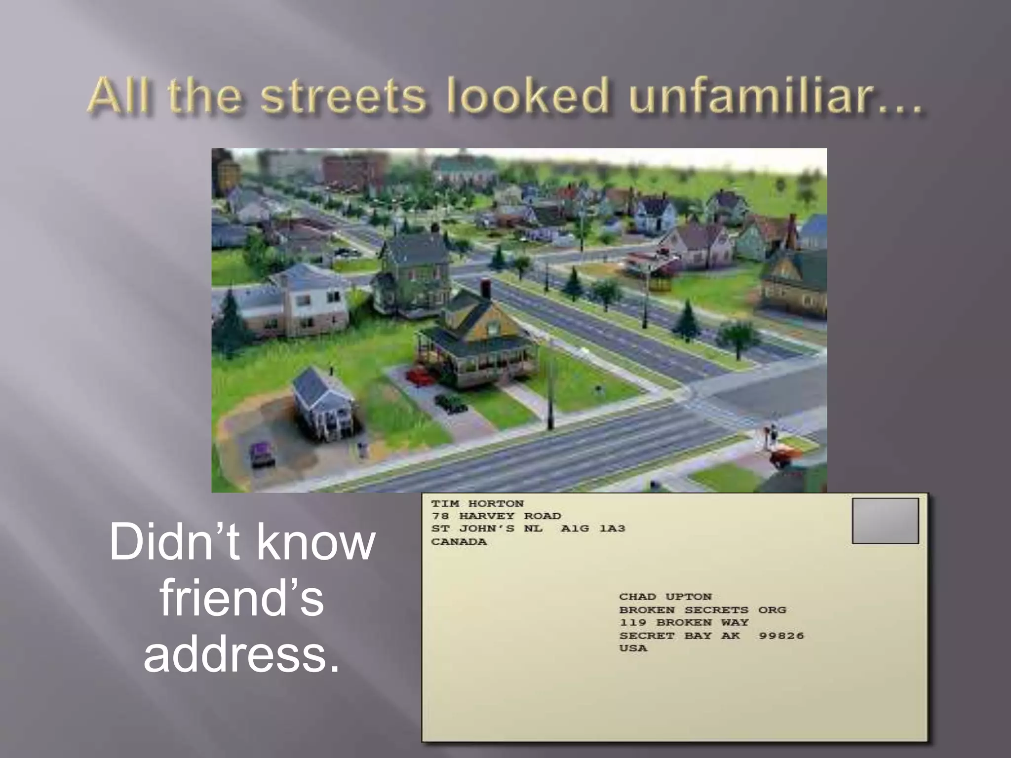 Didn’t know
friend’s
address.
 