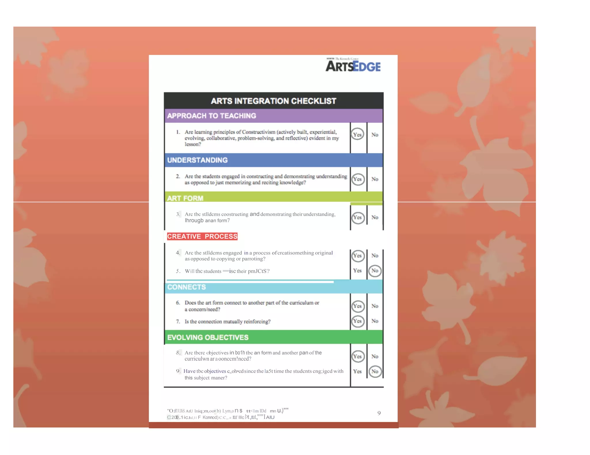3. Arc tbc stlldcms coostrueting anddemonstrating theirunderstanding,
lhrougb anan form7
CREATIVE PROCESS
4. Arc the stlldcms engaged in a proccss ofcrcatisomething original
as opposed to copying or parroting?
5. Will thcstudents =isctheir pmJCtS?
8. Arc tbcrc objectives in bo1h tbc an form and another pan of the
curriculwn araoonccm!nccd?
9. Have tbcobjectives c,,oh•cdsincethela5t time the studcnts cng;igcd with
this subjcct maner?
"O.fUUJliS AtU lniq;m,oo• b) Lym,on s tt<1m IDd mn u.)"'"
C20l0.1icJul,11 F Konnod) C:C,,.« rur lllc l>t,rut,"'"IAIU
9
 