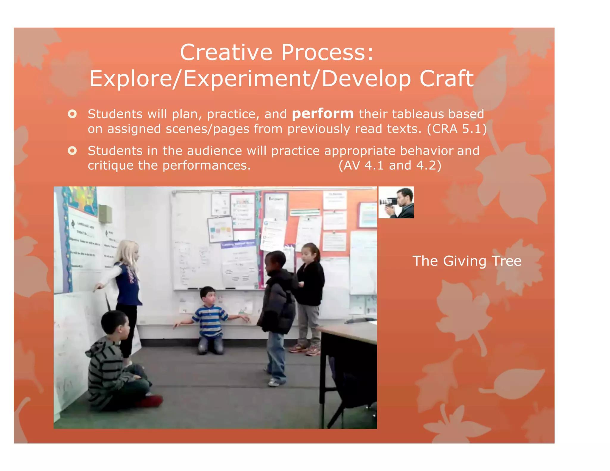 Creative Process:
Explore/Experiment/Develop Craft
 Students will plan, practice, and perform their tableaus based
on assigned scenes/pages from previously read texts. (CRA 5.1)
 Students in the audience will practice appropriate behavior and
critique the performances. (AV 4.1 and 4.2)
The Giving Tree
 