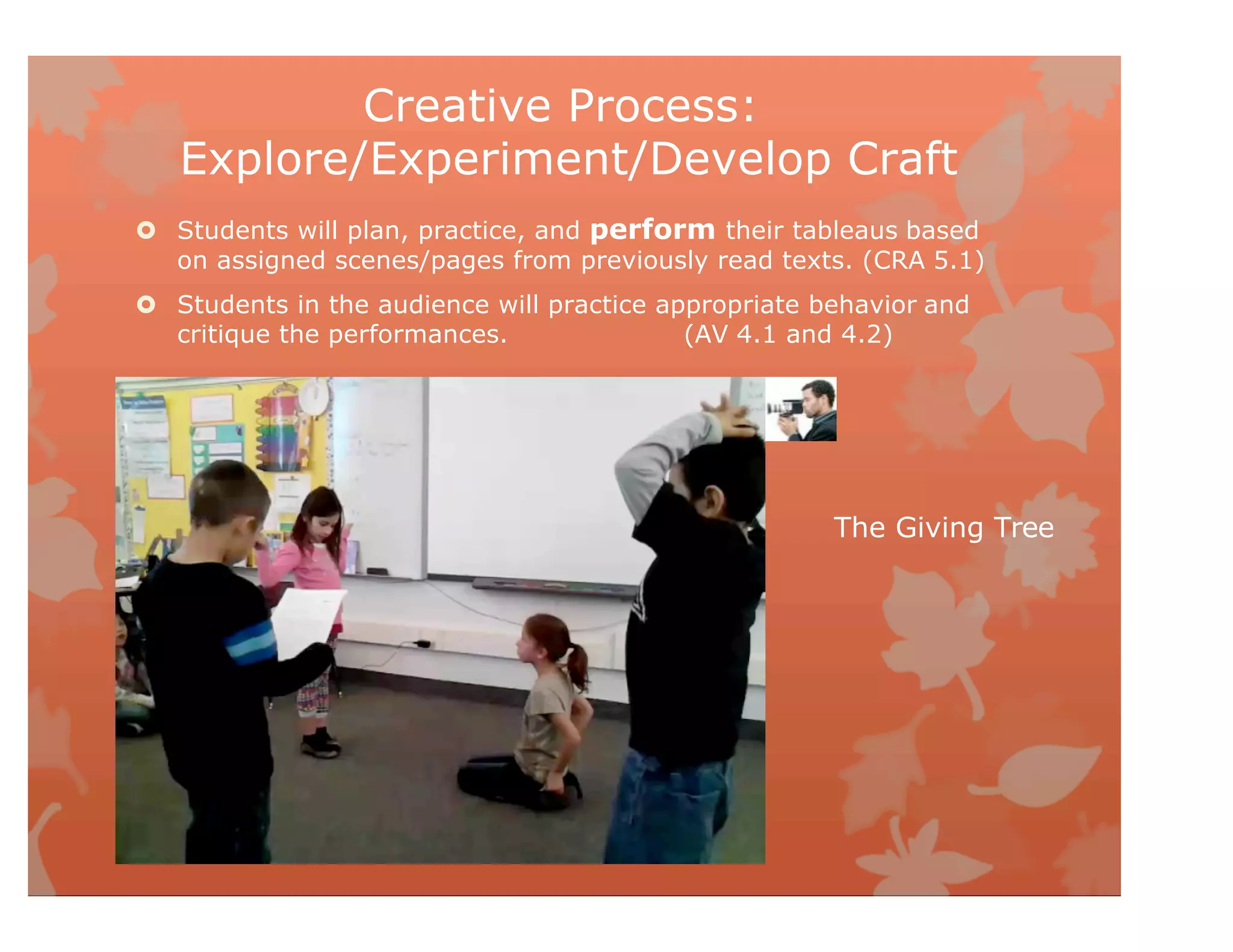 Creative Process:
Explore/Experiment/Develop Craft
 Students will plan, practice, and perform their tableaus based
on assigned scenes/pages from previously read texts. (CRA 5.1)
 Students in the audience will practice appropriate behavior and
critique the performances. (AV 4.1 and 4.2)
The Giving Tree
 