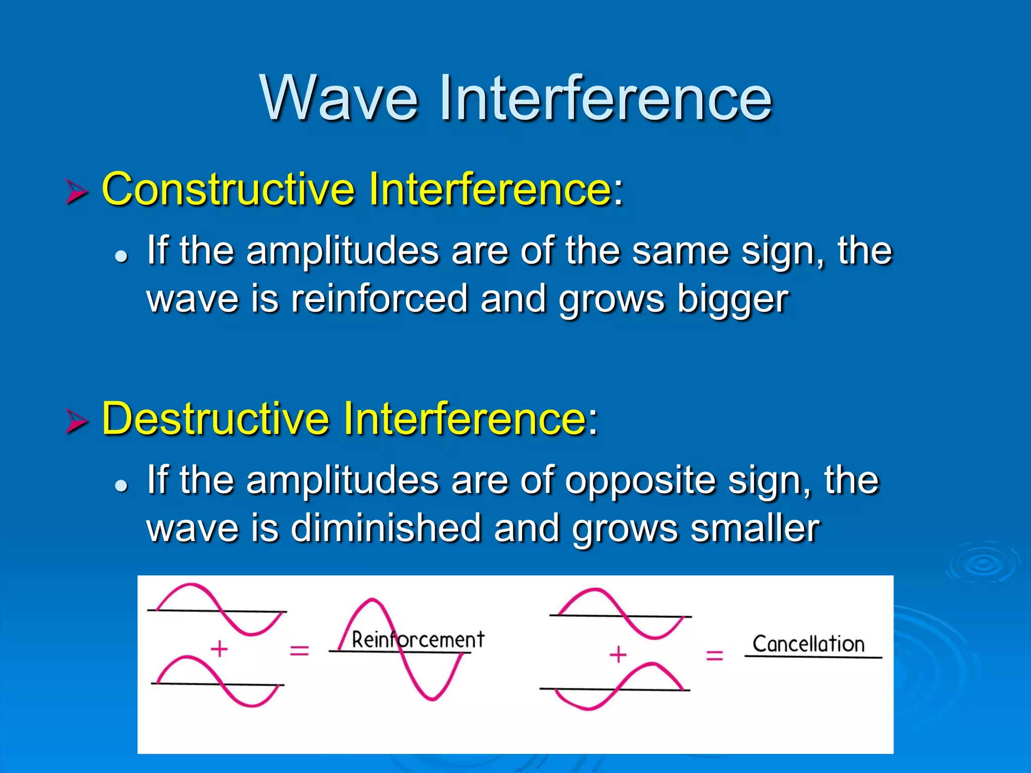Wave Interference
 Constructive    Interference:
     If the amplitudes are of the same sign, the
      wave is reinforced and grows bigger


 Destructive    Interference:
     If the amplitudes are of opposite sign, the
      wave is diminished and grows smaller
 