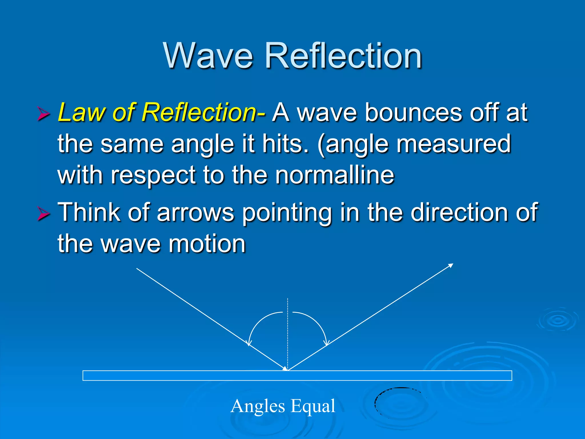 Wave Reflection
 Law  of Reflection- A wave bounces off at
  the same angle it hits. (angle measured
  with respect to the normalline
 Think of arrows pointing in the direction of
  the wave motion




                 Angles Equal
 