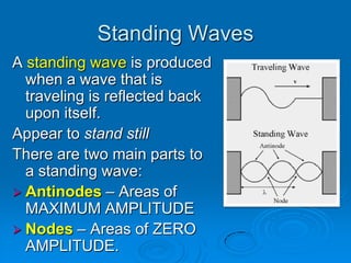 Standing Waves
A standing wave is produced
  when a wave that is
  traveling is reflected back
  upon itself.
Appear to stand still
There are two main parts to
  a standing wave:
 Antinodes – Areas of
  MAXIMUM AMPLITUDE
 Nodes – Areas of ZERO
  AMPLITUDE.
 