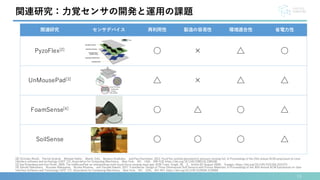 13
[2] Christian Rendl， Patrick Greindl， Michael Haller， Martin Zirkl， Barbara Stadlober， and Paul Hartmann. 2012. PyzoFlex: printed piezoelectric pressure sensing foil. In Proceedings of the 25th annual ACM symposium on User
interface software and technology (UIST '12). Association for Computing Machinery， New York， NY， USA， 509–518. https://doi.org/10.1145/2380116.2380180
[3] Ilya Rosenberg and Ken Perlin. 2009. The UnMousePad: an interpolating multi-touch force-sensing input pad. ACM Trans. Graph. 28， 3， Article 65 (August 2009)， 9 pages. https://doi.org/10.1145/1531326.1531371
[4] Satoshi Nakamaru， Ryosuke Nakayama， Ryuma Niiyama， and Yasuaki Kakehi. 2017. FoamSense: Design of Three Dimensional Soft Sensors with Porous Materials. In Proceedings of the 30th Annual ACM Symposium on User
Interface Software and Technology (UIST '17). Association for Computing Machinery， New York， NY， USA， 437–447. https://doi.org/10.1145/3126594.3126666
関連研究：力覚センサの開発と運用の課題
関連研究 センサデバイス 再利用性 製造の容易性 環境適合性 省電力性
PyzoFlex[2]
○ × △ ○
UnMousePad[3]
△ × △ △
FoamSense[4]
○ △ ○ △
SoilSense ○ ○ ○ △
 