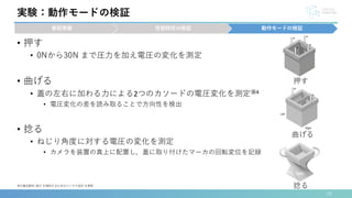 • 押す
• 0Nから30N まで圧力を加え電圧の変化を測定
• 曲げる
• 蓋の左右に加わる力による2つのカソードの電圧変化を測定※4
• 電圧変化の差を読み取ることで方向性を検出
• 捻る
• ねじり角度に対する電圧の変化を測定
• カメラを装置の真上に配置し，蓋に取り付けたマーカの回転変位を記録
20
事前準備 性能特性の検証 動作モードの検証
実験：動作モードの検証
押す
曲げる
捻る
※4 補足資料: 曲げ を検知するためのコンテナ設計 を参照
 