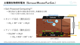3
[1] Bill Yen， Laura Jaliff， Louis Gutierrez， Philothei Sahinidis， Sadie Bernstein， John Madden， Stephen Taylor， Colleen Josephson， Pat Pannuto， Weitao Shuai， George Wells， Nivedita Arora， and Josiah Hester. 2024.
Soil-Powered Computing: The Engineer's Guide to Practical Soil Microbial Fuel Cell Design. Proc. ACM Interact. Mob. Wearable Ubiquitous Technol. 7， 4， Article 196 (December 2023)， 40 pages. https://doi.org/10.1145/3631410
土壌微生物燃料電池（Soil-based Microbial Fuel Cells ）
• Soil-Powered Computing[1]
• 微生物が土壌中の微生物を利用し有機物を分解
• 発生する電子を収集し電力を生成
• カソード反応（還元反応）
• 2O2 + 8H+
+ 8e−
→ 4H2O
• アノード反応（酸化反応）
• CH3COO−
+ 3H2O
→ CO2 + HCO−
+ 8H+
+ 8e−
Anode
Electron Flow
Load
Electrolyte
Bacteria
e-
e-
e-
e-
e-
e-
e-
Atmosphere
Cathode
SMFC 概略図
 