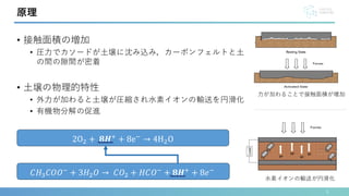 • 接触面積の増加
• 圧力でカソードが土壌に沈み込み，カーボンフェルトと土
の間の隙間が密着
• 土壌の物理的特性
• 外力が加わると土壌が圧縮され水素イオンの輸送を円滑化
• 有機物分解の促進
5
原理
力が加わることで接触面積が増加
水素イオンの輸送が円滑化
2O2 + 𝟖𝑯+
+ 8e−
→ 4H2O
𝐶𝐻3𝐶𝑂𝑂−
+ 3𝐻2𝑂 → 𝐶𝑂2 + 𝐻𝐶𝑂−
+ 𝟖𝑯+
+ 8𝑒−
 