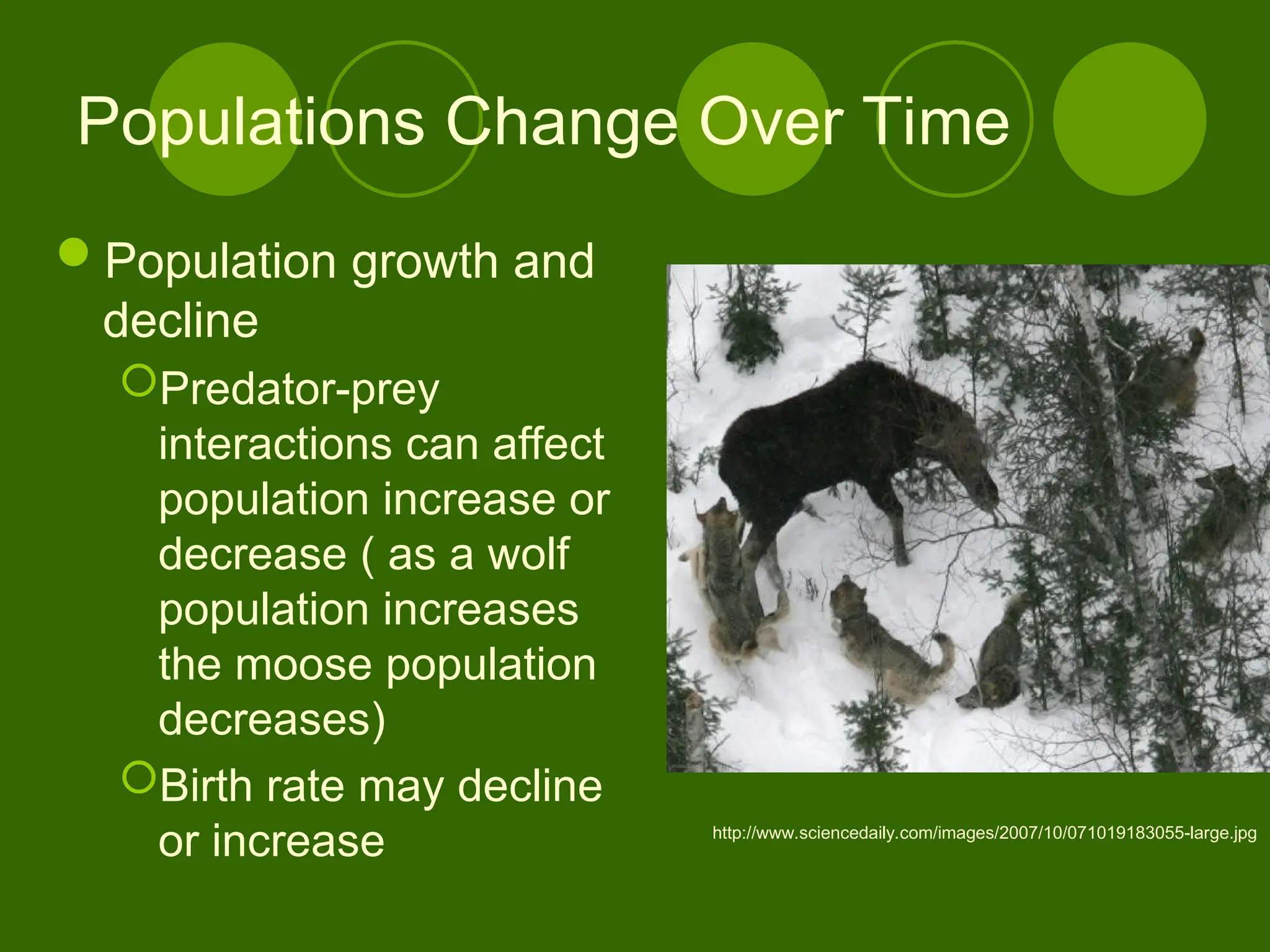 Populations Change Over Time
Population growth and
decline
Predator-prey
interactions can affect
population increase or
decrease ( as a wolf
population increases
the moose population
decreases)
Birth rate may decline
or increase http://www.sciencedaily.com/images/2007/10/071019183055-large.jpg
 