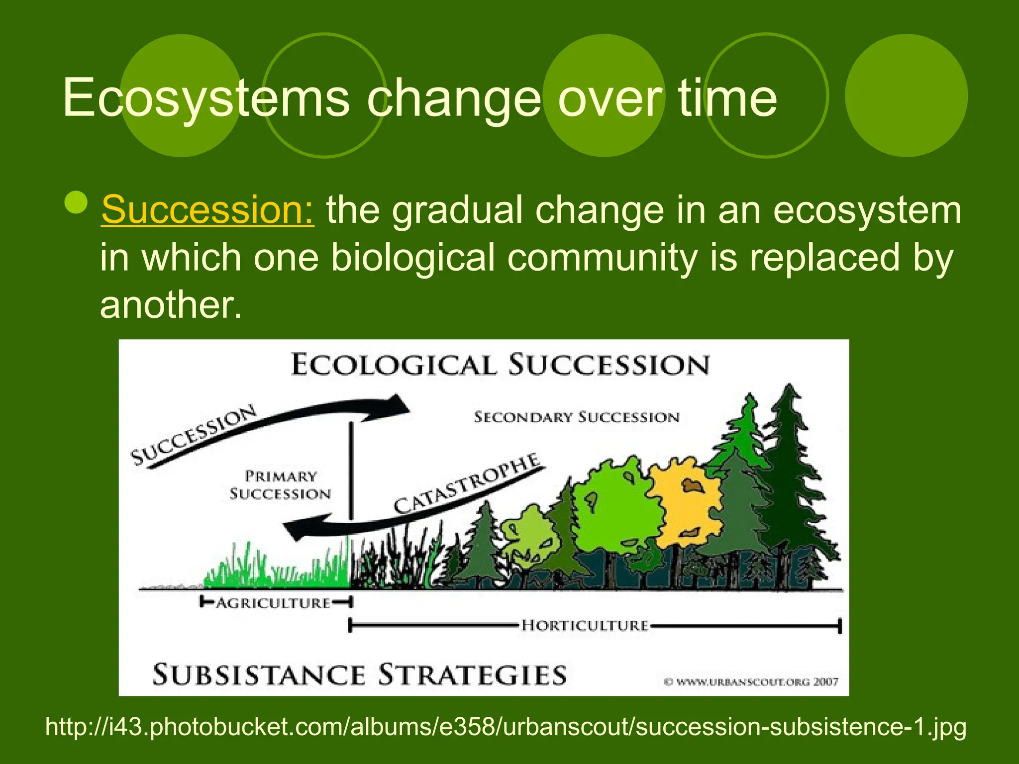 Ecosystems change over time
Succession: the gradual change in an ecosystem
in which one biological community is replaced by
another.
http://i43.photobucket.com/albums/e358/urbanscout/succession-subsistence-1.jpg
 