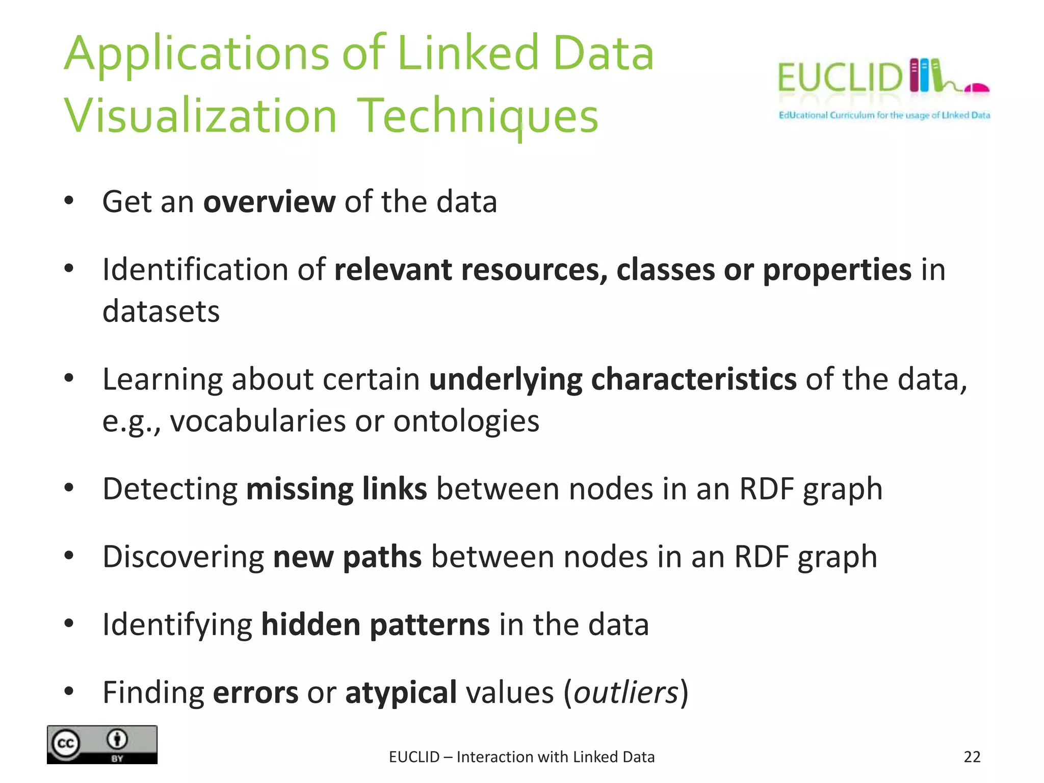 • Get an overview of the data
• Identification of relevant resources, classes or properties in
datasets
• Learning about certain underlying characteristics of the data,
e.g., vocabularies or ontologies
• Detecting missing links between nodes in an RDF graph
• Discovering new paths between nodes in an RDF graph
• Identifying hidden patterns in the data
• Finding errors or atypical values (outliers)
22EUCLID – Interaction with Linked Data
Applications of Linked Data
Visualization Techniques
 
