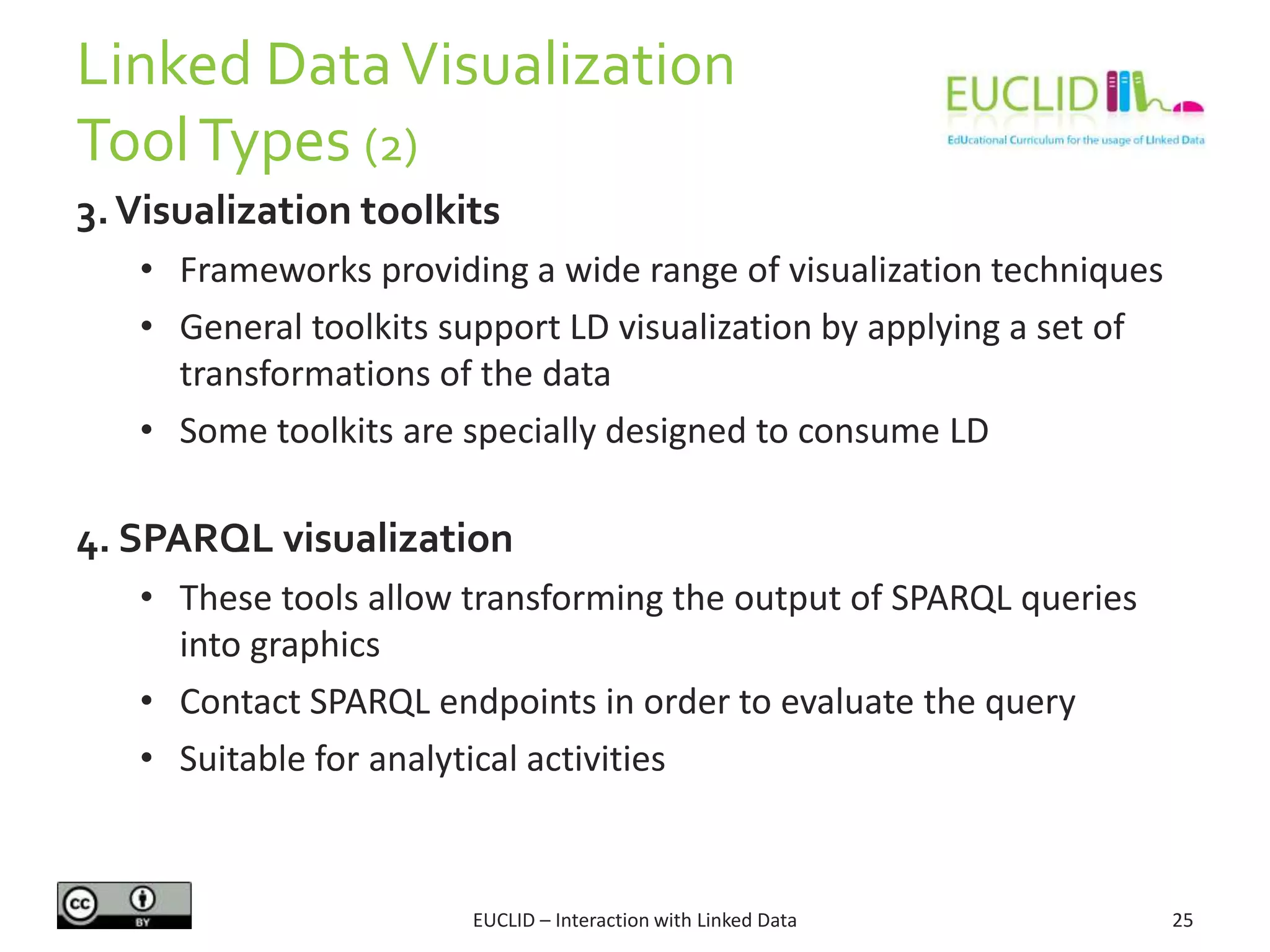 Linked DataVisualization
ToolTypes (2)
3.Visualization toolkits
• Frameworks providing a wide range of visualization techniques
• General toolkits support LD visualization by applying a set of
transformations of the data
• Some toolkits are specially designed to consume LD
4. SPARQL visualization
• These tools allow transforming the output of SPARQL queries
into graphics
• Contact SPARQL endpoints in order to evaluate the query
• Suitable for analytical activities
25EUCLID – Interaction with Linked Data
 