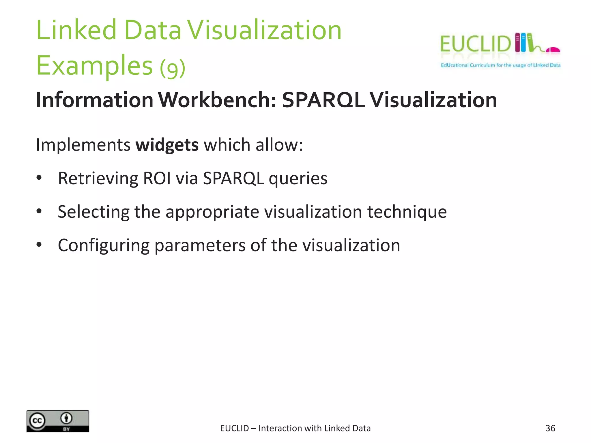 Linked DataVisualization
Examples (9)
EUCLID – Interaction with Linked Data 36
Information Workbench: SPARQLVisualization
Implements widgets which allow:
• Retrieving ROI via SPARQL queries
• Selecting the appropriate visualization technique
• Configuring parameters of the visualization
 