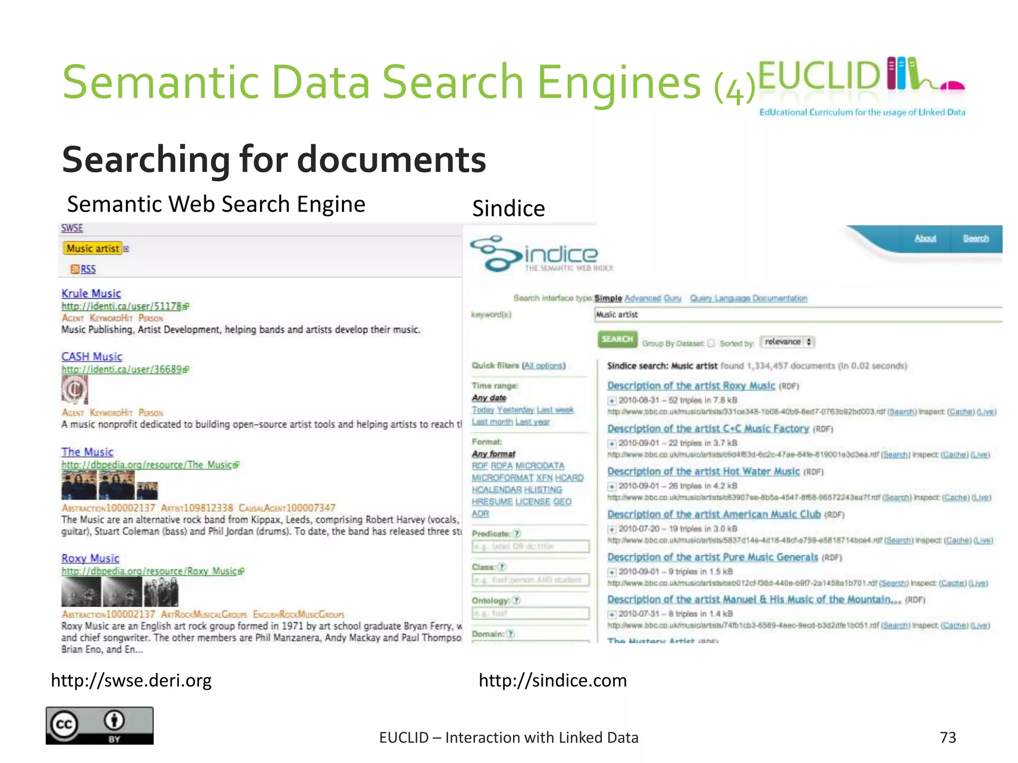 Semantic Data Search Engines (4)
EUCLID – Interaction with Linked Data 73
Searching for documents
http://swse.deri.org http://sindice.com
Semantic Web Search Engine Sindice
 