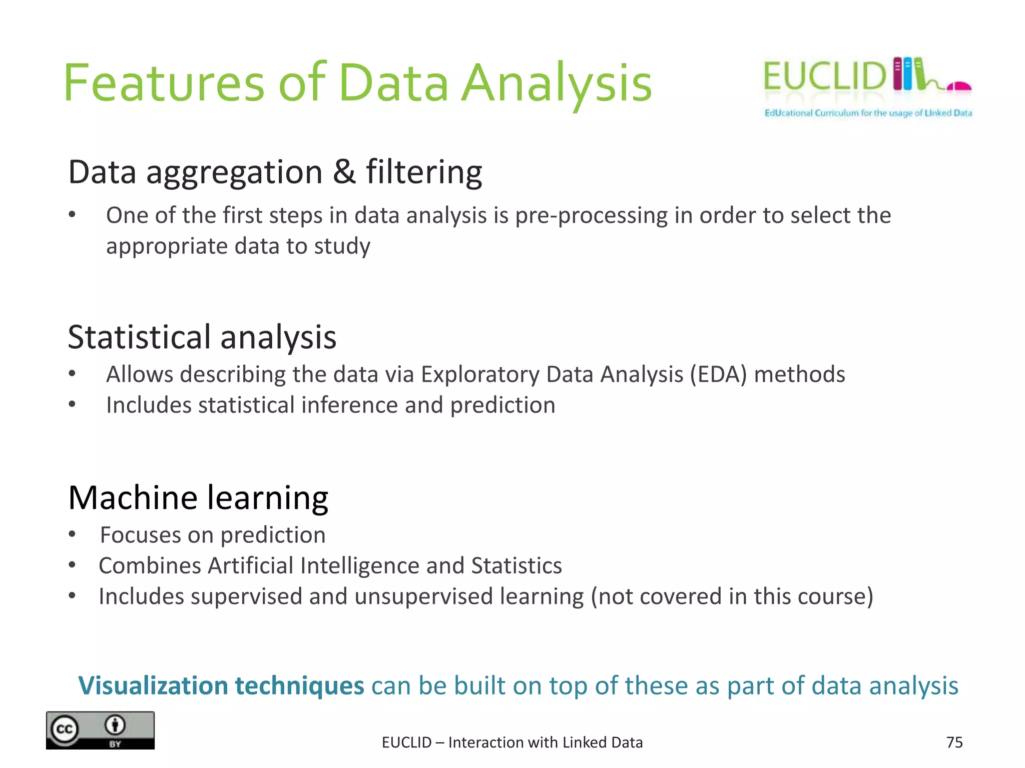 Features of Data Analysis
75EUCLID – Interaction with Linked Data
Statistical analysis
• Allows describing the data via Exploratory Data Analysis (EDA) methods
• Includes statistical inference and prediction
Data aggregation & filtering
• One of the first steps in data analysis is pre-processing in order to select the
appropriate data to study
Visualization techniques can be built on top of these as part of data analysis
Machine learning
• Focuses on prediction
• Combines Artificial Intelligence and Statistics
• Includes supervised and unsupervised learning (not covered in this course)
 