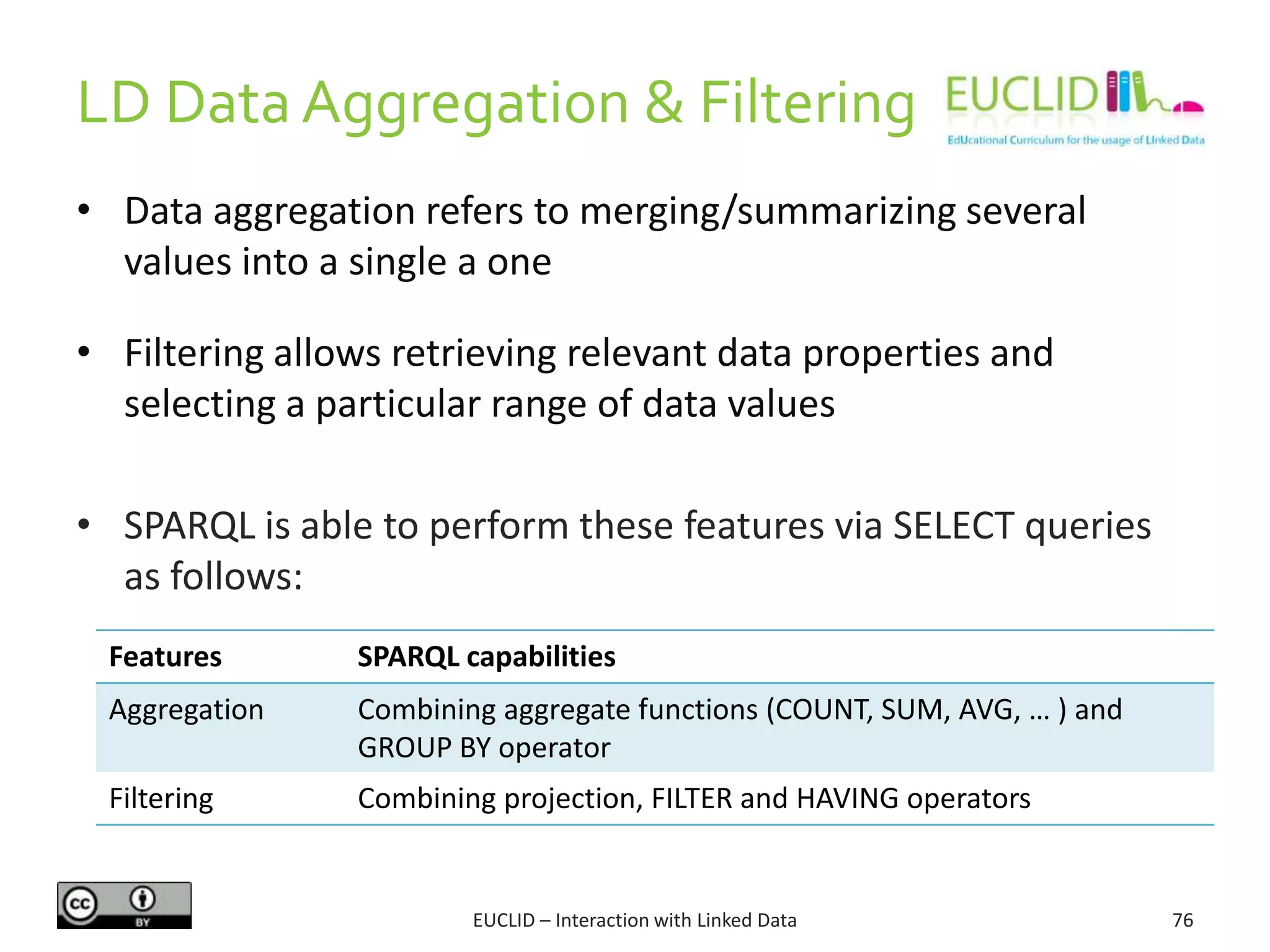 LD Data Aggregation & Filtering
EUCLID – Interaction with Linked Data 76
• Data aggregation refers to merging/summarizing several
values into a single a one
• Filtering allows retrieving relevant data properties and
selecting a particular range of data values
• SPARQL is able to perform these features via SELECT queries
as follows:
Features SPARQL capabilities
Aggregation Combining aggregate functions (COUNT, SUM, AVG, … ) and
GROUP BY operator
Filtering Combining projection, FILTER and HAVING operators
 