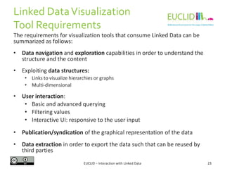 Linked DataVisualization
Tool Requirements
The requirements for visualization tools that consume Linked Data can be
summarized as follows:
• Data navigation and exploration capabilities in order to understand the
structure and the content
• Exploiting data structures:
• Links to visualize hierarchies or graphs
• Multi-dimensional
• User interaction:
• Basic and advanced querying
• Filtering values
• Interactive UI: responsive to the user input
• Publication/syndication of the graphical representation of the data
• Data extraction in order to export the data such that can be reused by
third parties
23EUCLID – Interaction with Linked Data
 