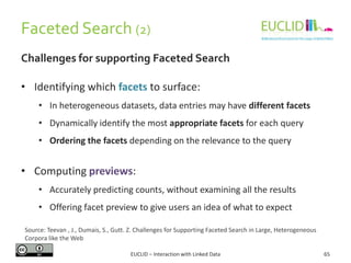 Faceted Search (2)
Challenges for supporting Faceted Search
• Identifying which facets to surface:
• In heterogeneous datasets, data entries may have different facets
• Dynamically identify the most appropriate facets for each query
• Ordering the facets depending on the relevance to the query
• Computing previews:
• Accurately predicting counts, without examining all the results
• Offering facet preview to give users an idea of what to expect
65EUCLID – Interaction with Linked Data
Source: Teevan , J., Dumais, S., Gutt. Z. Challenges for Supporting Faceted Search in Large, Heterogeneous
Corpora like the Web
 