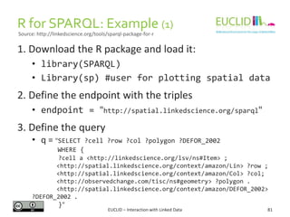 R for SPARQL: Example (1)
EUCLID – Interaction with Linked Data 81
1. Download the R package and load it:
• library(SPARQL)
• Library(sp) #user for plotting spatial data
2. Define the endpoint with the triples
• endpoint = "http://spatial.linkedscience.org/sparql"
3. Define the query
• q = "SELECT ?cell ?row ?col ?polygon ?DEFOR_2002
WHERE {
?cell a <http://linkedscience.org/lsv/ns#Item> ;
<http://spatial.linkedscience.org/context/amazon/Lin> ?row ;
<http://spatial.linkedscience.org/context/amazon/Col> ?col;
<http://observedchange.com/tisc/ns#geometry> ?polygon .
<http://spatial.linkedscience.org/context/amazon/DEFOR_2002>
?DEFOR_2002 .
}"
Source: http://linkedscience.org/tools/sparql-package-for-r
 