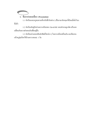 ชวโมงท่ี 4
           ่ั
          1. ขั้นการนําเสนอเนือหา (Presentation)
                              ้
              1.1 นักเรียนและครทบทวนเกยวกบชอวชาตาง ๆ เปนภาษาองกฤษ ทเ่ี รยนเมอชวโมง
                                ู       ่ี ั ่ื ิ          ั          ี ่ื ่ั
ที่แลว
            1.2 นักเรียนจับคูกนอานตารางเรียนของ David Hill ตอบคําถามถูก-ผด แลวแลก
                             ั                                           ิ
เปลี่ยนกันตรวจคําตอบกบเพอนคอน
                       ั ่ื ู ่ื
            1.3 นักเรียนอานออกเสยงคําศัพทวิชาตาง ๆ ในตารางเรยนพรอมกน และทีละคน
                                 ี                           ี     ั
แลวครสมเรยกใหอานตารางคนละ 1 วัน
   ู ุ ี       
 