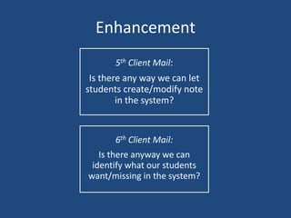 Enhancement
5th Client Mail:
Is there any way we can let
students create/modify note
in the system?
6th Client Mail:
Is there anyway we can
identify what our students
want/missing in the system?
 
