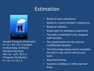 Estimation
• Based on your experience.
• Based on a team member’s experience.
• Based on industry.
• Based upon an analogous experience.
• The task is unfamiliar to the assigned
staff member.
• The requirements for the task are
insufficiently detailed.
• The technology being used to complete
the task is new, and or new to your
team.
• Required training.
• Vacations, holidays or other planned
leave.
•Double-Triangular Distribution
•E = (a + 4m + b) / 6 (a=Best;
m=Most likely; b=Worst)
•Standard Deviation
•SD = (b − a)/6 ; iff, b>a
•Triangular Distribution
•E = (a + m + b) / 3
 