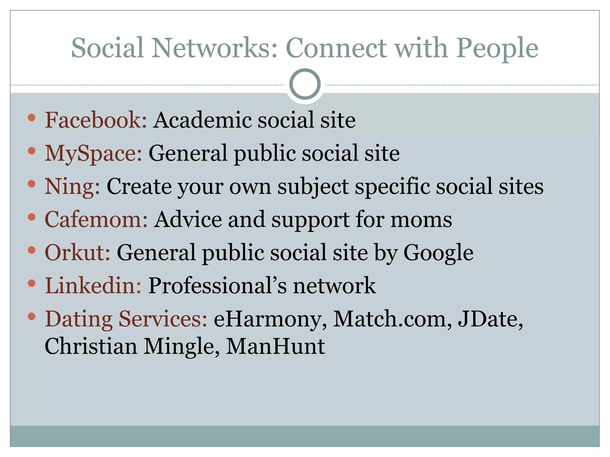 Social Networks: Connect with People Facebook:  Academic social site MySpace:  General public social site Ning:  Create your own subject specific social sites Cafemom:  Advice and support for moms Orkut:  General public social site by Google Linkedin :  Professional’s network Dating Services:  eHarmony, Match.com, JDate, Christian Mingle, ManHunt 