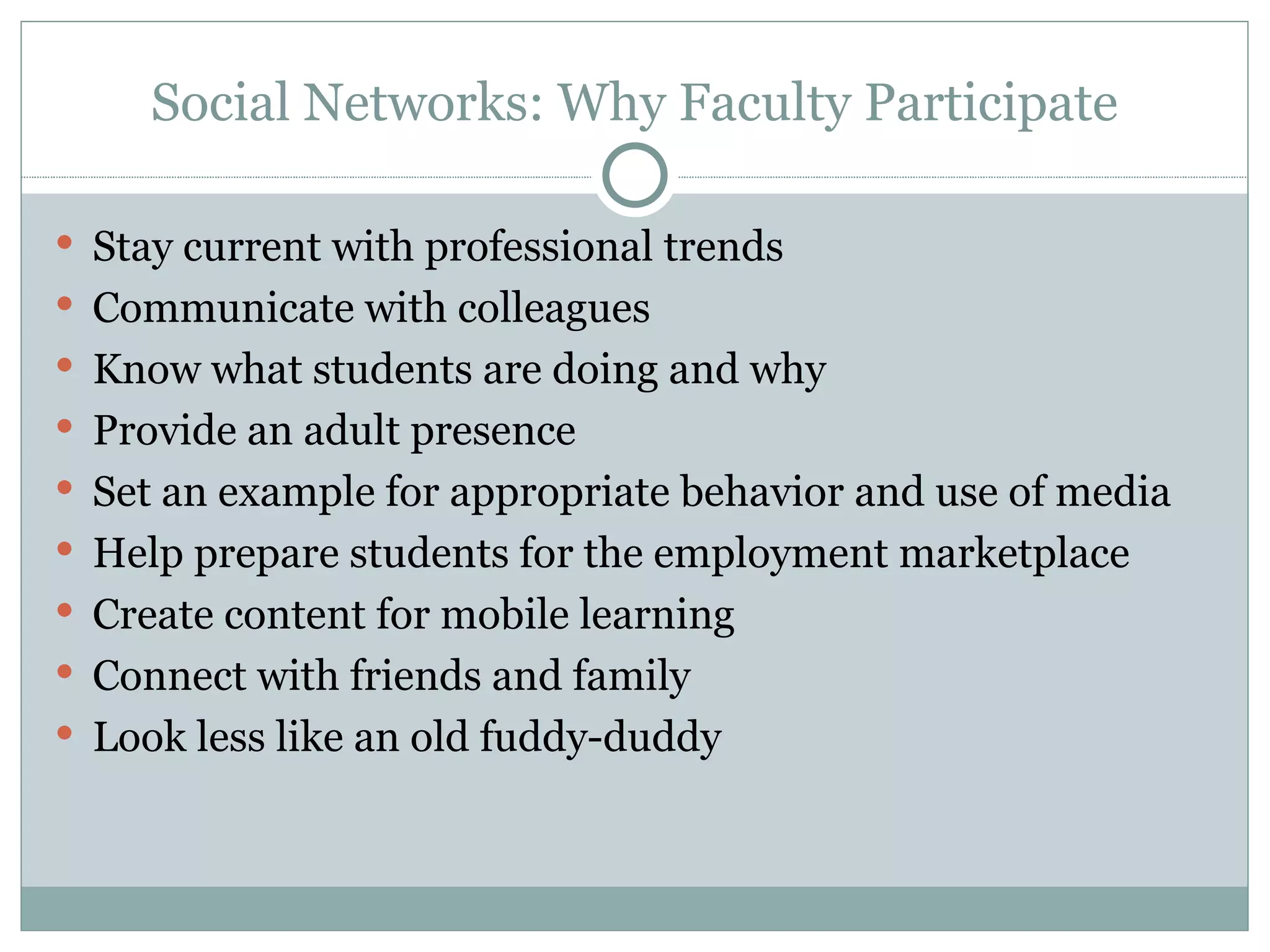 Social Networks: Why Faculty Participate Stay current with professional trends Communicate with colleagues Know what students are doing and why Provide an adult presence Set an example for appropriate behavior and use of media Help prepare students for the employment marketplace Create content for mobile learning Connect with friends and family Look less like an old fuddy-duddy 