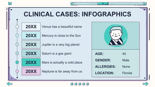 CLINICAL CASES: INFOGRAPHICS
Saturn is a gas giant
20XX
Neptune is far away from us
20XX
Mars is actually a cold place
20XX
Venus has a beautiful name
20XX
Jupiter is a very big planet
20XX
Mercury is close to the Sun
20XX
AGE: 40
GENDER: Male
ALLERGIES: None
LOCATION: Florida
 