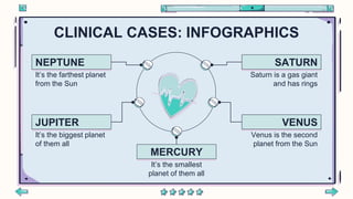 CLINICAL CASES: INFOGRAPHICS
Saturn is a gas giant
and has rings
SATURN
It’s the biggest planet
of them all
JUPITER
It’s the farthest planet
from the Sun
NEPTUNE
Venus is the second
planet from the Sun
VENUS
It’s the smallest
planet of them all
MERCURY
 
