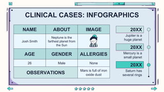 CLINICAL CASES: INFOGRAPHICS
NAME ABOUT IMAGE
Josh Smith
Neptune is the
farthest planet from
the Sun
AGE GENDER ALLERGIES
26 Male None
OBSERVATIONS
Mars is full of iron
oxide dust
Jupiter is a
huge planet
20XX
Mercury is a
small planet
20XX
Saturn has
several rings
20XX
 