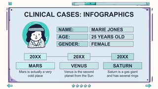 CLINICAL CASES: INFOGRAPHICS
AGE: 25 YEARS OLD
GENDER: FEMALE
NAME: MARIE JONES
20XX
Mars is actually a very
cold place
MARS
20XX
Venus is the second
planet from the Sun
VENUS
20XX
Saturn is a gas giant
and has several rings
SATURN
 