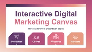 Interactive Digital
Marketing Canvas
Here is where your presentation begins
Investmen
t
Partners
Resource
s
Clients
 