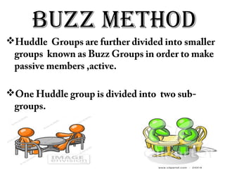 BUZZ meTHod
Huddle Groups are further divided into smaller
groups known as Buzz Groups in order to make
passive members ,active.
One Huddle group is divided into two sub-
groups.
 