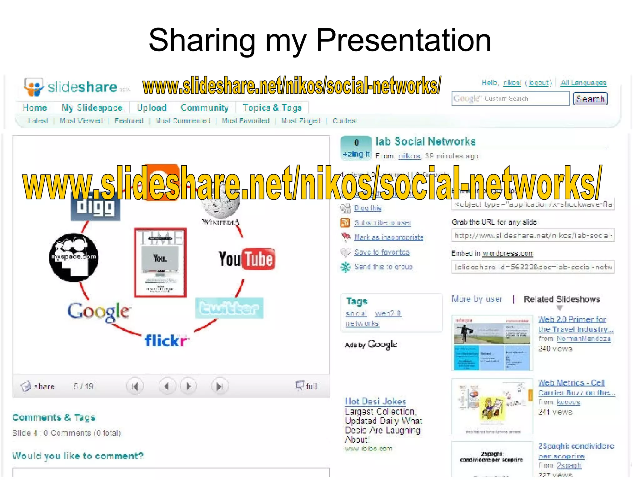 Sharing my Presentation www.slideshare.net/nikos/social-networks/ www.slideshare.net/nikos/social-networks/ 