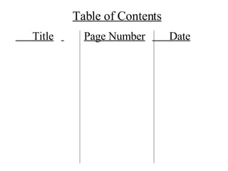 Table of Contents Title   Page Number   Date 