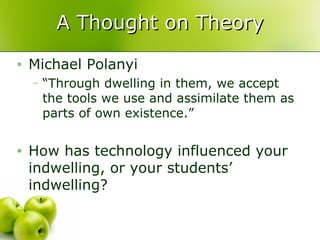 A Thought on Theory Michael Polanyi “Through dwelling in them, we accept the tools we use and assimilate them as parts of own existence.” How has technology influenced your  indwelling, or your students’ indwelling? 