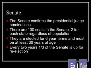 Senate The Senate confirms the presidential judge nominations There are 100 seats in the Senate, 2 for each state regardless of population They are elected for 6 year terms and must be at least 30 years of age Every two years 1/3 of the Senate is up for re-election Main Exit Exit 