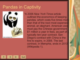 Pandas in Captivity “ A 2006  New York Times  article  outlined the economics of keeping pandas, which costs five times more than that of the next most expensive animal, an elephant. American zoos must pay the Chinese government $1 million a year in fees, as part of a typically ten-year contract. San Diego's contract with China is the first to expire, in 2008. The last contract, in Memphis, ends in 2013” (Wikipedia 1). Quit 