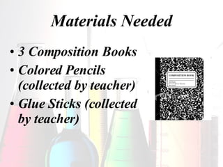 Materials Needed 3 Composition Books Colored Pencils (collected by teacher) Glue Sticks (collected by teacher) 