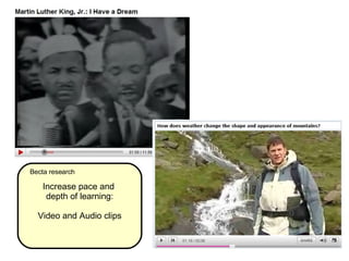 Increase pace and  depth of learning: Video and Audio clips Becta research 