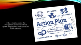 In the education sector, the
management operations includes
system analysis, policy formulation, and
action planning.
 
