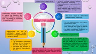 STAKEHOLDER
ANALYSIS
Stakeholders can be as
individuals, groups and/or
institutions having an interest in
a project or a plan.
Stakeholder analysis consists
in asking the following two
questions: “Whose problem?”
and, if a strategy is proposed:
“Who will beneﬁt?”
They can:
• Be positively or negatively
affected by the impact of
the plan or the project
• Inﬂuence the success or
the failure of the project or
the plan.
A stakeholder analysis aims: • To identify the likely impacts of policies,
plans / programmes, and projects.
• To assess the existing or potential conﬂicts
of interest.
• To take account of the impacts and
various interests when designing policy
options, implementation strategies and
development actions
The main steps in stakeholder
analysis involve identifying:
• The main stakeholders (e.g. local, regional
and/or national levels).
• Winners and losers, those with interests,
rights, resources and abilities to take part
or inﬂuence the course of a programme.
• The extent of cooperation or conﬂict in the
relationship between stakeholders.
Stakeholder Analysis Matrix
The ﬁrst step is to identify all the
individuals, groups, and institutions
that will affect or be affected by a
change, then to list them in the column
under “Stakeholder” and to rate their
interests, roles and appropriate
strategies.Stakeholder analysis can be used to generate knowledge
about relevant actors so as to understand their behavior,
intentions, interrelations, agendas, interests and the
influence or resources they have.
 