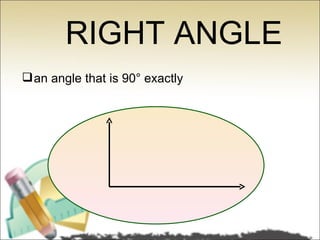 RIGHT ANGLE
 an angle that is 90° exactly
 