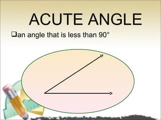 ACUTE ANGLE
an angle that is less than 90°
 