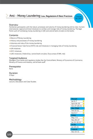 Anti - Money Laundering: Law, Regulations & Best Practices                                  Course
                                                                                             No:1901


 Overview
 Familiarize participants with the nature, processes and volume of money laundering and its risks. Current
 international, regional and local initiatives to combat and manage risks of money laundering. The legal
 frame work of combating money laundering in UAE and central bank circulars to the banks.

 Contents
 Nature of Money Laundering
 History and processes of money laundering
 Volumes and risks of the money laundering
 Financial Action Task Force (FATF) role and Initiatives in managing risks of money laundering
 UN initiatives
 GCC initiatives
 UAE initiatives ( Federal law, central bank circulars, focus areas of AML risk)

 Targeted Audience
 Managers from banks and regulatory bodies like the Central Bank, Ministry of Economics & Commerce,
 Ministry of Finance and Industry, and all bank staﬀ.

 Prerequisite
 None

 Duration
 2 Days

 Methodology
 Lecture, Discussion and Case Studies.




                                                                                       Sharjah
                                                                                       Jan 6-7
                                                                                       April 28-29
                                                                                       Oct 27-28 (A)
                                                                                       Abu Dhabi
                                                                                       Feb 10-11
                                                                                       Oct 6-7
                                                                                       Dubai
                                                                                       May 7-8
                                                                                       Nov 26-27
                                                                                       Jan 15-16 (A)
                                                                                       Al Ain
                                                                                       Jan 20-21
                                                                                       Fujairah
                Content
                                                                                       Nov 10-11
123
 