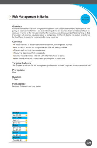 Risk Management in Banks 
                                                                   Course
                                                                                             No:1911


Overview
Financial institutions have been using risk management tools to control their risks. No longer is it seen
purely as a control mechanism – but as a critical input into the business. Every transaction should be
assessed in terms of the increase in risk to the institution, with the assurance that the pricing of that
transaction will generate a suitable return to compensate for the risk. Such a risk culture is reinforced
by Basel Accords, due to be implemented in many countries.

Contents
A broad overview of modern bank risk management, including Basel Accords
Able to report market risk using both traditional and VaR approaches
The approach to credit risk management:
Measuring Operational Risk successfully
Liquidity risk and interest rate risk with other risks faced by banks.
Basel accords measures to calculate Capital required to cover risks

Targeted Audience
This program is suitable for risk management professionals in banks, corporate, treasury and audit staﬀ

Prerequisite
None

Duration
3 Days.

Methodology
Lectures, Discussion and case studies




 Sharjah
 Jan 20-22
 Abu Dhabi
 Feb 3-5

 Jun 9-11

 Dubai
 Jan 29-31

 Jun 25-27 

 Al Ain
 Jun 16-18
 Fujairah
 Sept 22-24
                                                                             Content
                                                                                                    130
 