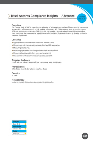 Basel Accords Compliance Insights – Advanced 
                                              Course
                                                                                            No:1916


Overview
The Central Bank of UAE is regarding the adoption of advanced approaches of Basel accords compliance
as part of its reform measures to the banking industry in UAE. This programs aims at introducing the
diﬀerent techniques to calculate CAR for credit risk, market risk, operational risk and liquidity risk as
they constitute the measure that should be satisﬁed by banks. Enable candidates to develop models in
measure those risks.

Contents
Approaches to calculate credit risk under Basel accords
Measuring credit risk using the standardized and IRB approaches
Measuring market risk
Measuring operational risk using the basic indicator approach
Measuring liquidity risk ( short term and long term)
UAE central bank recommendations to calculate CAR

Targeted Audience
Credit and risk oﬃcers, Basel oﬃcers, compliance, audit department

Prerequisites
1915: Basel Accords Compliance insights - Basic

Duration
2 Days

Methodology
Lectures, models, discussions, exercises and case studies




 Sharjah
 Sept 8-9
 Abu Dhabi
 Dec 22-23
 Dubai
                                                                            Content
 Nov 5-6
                                                                                                  134
 