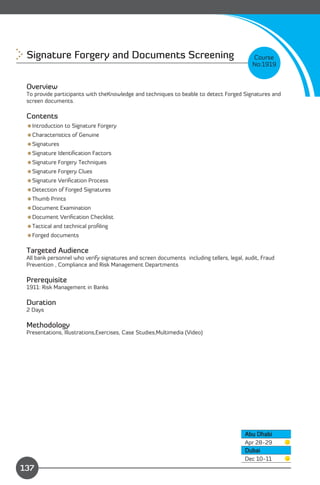 Signature Forgery and Documents Screening
                                                 Course
                                                                                            No:1919


 Overview
 To provide participants with theKnowledge and techniques to beable to detect Forged Signatures and
 screen documents.

 Contents
 Introduction to Signature Forgery
 Characteristics of Genuine
 Signatures
 Signature Identiﬁcation Factors
 Signature Forgery Techniques
 Signature Forgery Clues
 Signature Veriﬁcation Process
 Detection of Forged Signatures
 Thumb Prints
 Document Examination
 Document Veriﬁcation Checklist
 Tactical and technical proﬁling
 Forged documents

 Targeted Audience
 All bank personnel who verify signatures and screen documents including tellers, legal, audit, Fraud
 Prevention , Compliance and Risk Management Departments

 Prerequisite
 1911: Risk Management in Banks

 Duration
 2 Days

 Methodology
 Presentations, Illustrations,Exercises, Case Studies,Multimedia (Video)




                                                                                         Abu Dhabi
                                                                                         Apr 28-29
                                                                                         Dubai
               Content                                                                   Dec 10-11
137
 